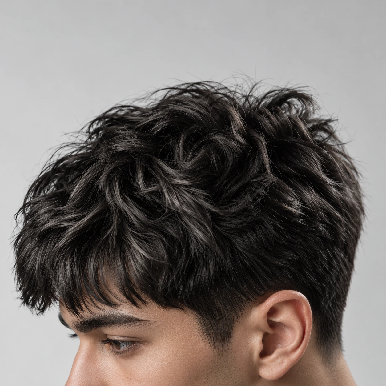 Close-up portrait of a textured dark haircut with the face visible, photographed on a soft light-grey background