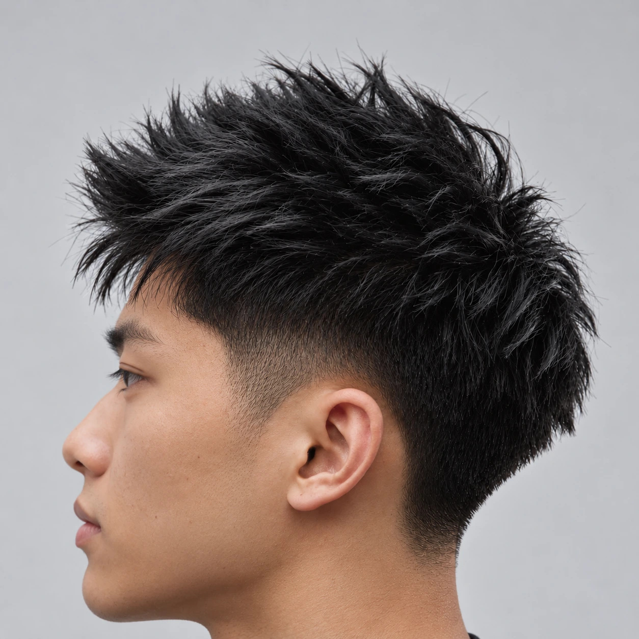 Side-profile portrait showing a black textured Asian hairstyle on a soft grey background